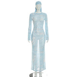 Women's Spring/Summer Fashion Sexy See-Through Polka Dot Print Mesh Headband Long Sleeve Dress