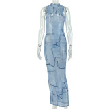 Women's Fashion Semi Sheer Slim Waist Bodycon Round Neck Long Dress