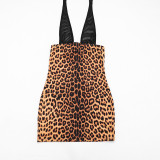 Women's Sexy Leopard Print Halter Neck Lace-Up Bodycon Slim Fit Dress