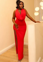 Women's Solid Ruched Bodycon Sleeveless Cowl Neck Side Slit Long Dress Women's Solid Ruched Bodycon Sleeveless Cowl Neck Side Slit Long Dress