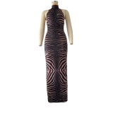 Women's Fashion Sexy Zebra Print Halter Neck Low Back Bodycon Dress