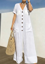 Women's Spring Casual V-Neck Button Loose Wide Leg Jumpsuit Women's Spring Casual V-Neck Button Loose Wide Leg Jumpsuit