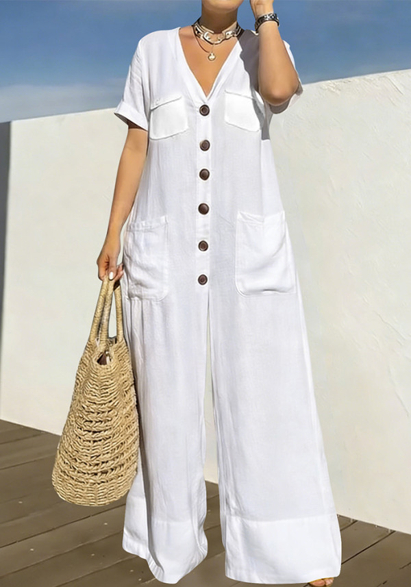 Women's Spring Casual V-Neck Button Loose Wide Leg Jumpsuit