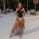 Women's Summer Beach Holidays Leopard Patchwork One-Shoulder Slim Waist Irregular Dress