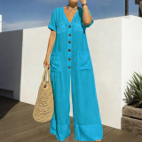 Women's Spring Casual V-Neck Button Loose Wide Leg Jumpsuit