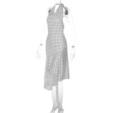 Women's Summer Chic Printed Sexy Lace-Up Halter Low Back Slim Waist Ruffle Dress