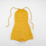 Women's Solid Ribbed Halter Neck Low Back Lace-Up Romper