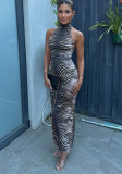 Women's Fashion Sexy Zebra Print Halter Neck Low Back Bodycon Dress