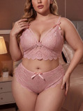 Plus Size Women's Pink Lace Bow Bra & Panty Two-Piece Lingerie Set