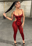 Women's Sexy Snake Print Cut-Out Bow Strap Low Back Slim Fit Jumpsuit