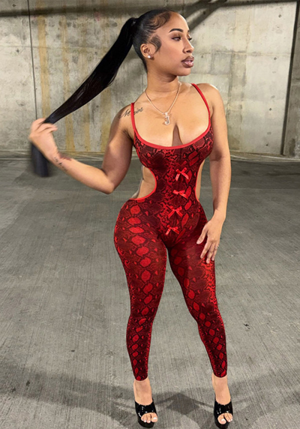 Women's Sexy Snake Print Cut-Out Bow Strap Low Back Slim Fit Jumpsuit