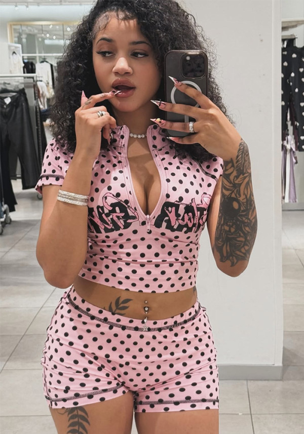 Women's Summer Fashion Sport Letter Print Polka Dot Two-Piece Shorts Set