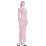 Women's Spring/Summer Fashion Sexy See-Through Polka Dot Print Mesh Headband Long Sleeve Dress