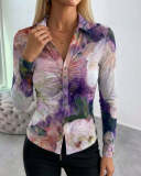 Women's Floral Print V-Neck Button Slim Fit Long Sleeve Pleated See-Through Mesh Blouse