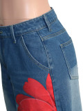 Women's Floral Print High Waist Loose Wide Leg Cropped Denim Pants