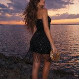Women's Summer Sequin Fringe Strapless Bodycon Party Mini Dress