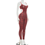 Women's Sexy Snake Print Cut-Out Bow Strap Low Back Slim Fit Jumpsuit