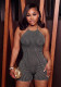 Women's Solid Ribbed Halter Neck Low Back Lace-Up Romper