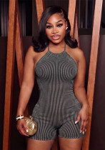 Women's Solid Ribbed Halter Neck Low Back Lace-Up Romper Women's Solid Ribbed Halter Neck Low Back Lace-Up Romper