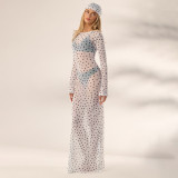 Women's Spring/Summer Fashion Sexy See-Through Polka Dot Print Mesh Headband Long Sleeve Dress