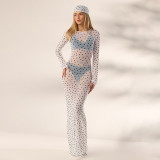 Women's Spring/Summer Fashion Sexy See-Through Polka Dot Print Mesh Headband Long Sleeve Dress