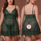 Plus Size Women's See-Through Lace Strap Dress Lingerie Set