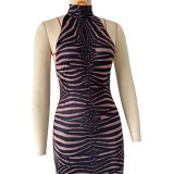 Women's Fashion Sexy Zebra Print Halter Neck Low Back Bodycon Dress