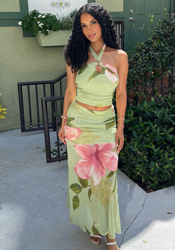 Women's Summer Casual Beach Print Cross Halter Neck Low Back Two-Piece Skirt Set