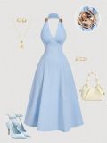 Women's Summer Sexy Halter Neck V-Neck Floral Decoration Slim Waist Low Back Long Dress