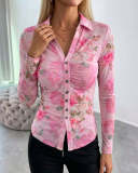 Women's Floral Print V-Neck Button Slim Fit Long Sleeve Pleated See-Through Mesh Blouse