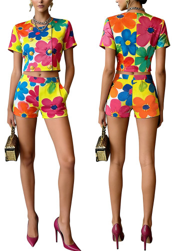 Women Casual Printed Short-Sleeve Crop Top and Shorts Two-Piece Set