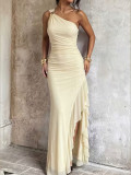 Women Summer Sexy Slash Shoulder Sleeveless Irregular Ruffle Dress