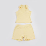 Women Casual Turndown Collar Halter Neck Camisole Top and Shorts Two-Piece Set