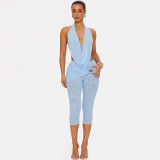 Women Halter Neck Lace-up Backless Top and Shorts Two-Piece Set