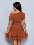 Women Slash Shoulder Off-Shoulder Pleated Double-Layer Ruffle Dress