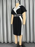 Plus Size Women Color Block Turndown Collar Short-Sleeve Bodycon Dress