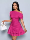 Women Slash Shoulder Off-Shoulder Pleated Double-Layer Ruffle Dress