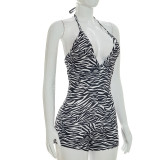 Women Summer Zebra Print Halter Neck V-Neck Backless Jumpsuits