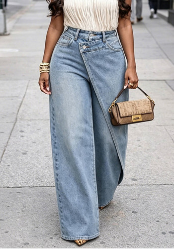 Women Casual Asymmetrical Wide-Leg Trousers with Diagonal Buttons