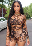 Women Leopard Print Long-Sleeved Printed Hollow-Out Sexy Romper