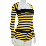Women Striped Long-Sleeved Crop Top and Shorts Three-Piece Set