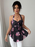 Women Halter Neck Sleeveless Lace-Up Printed Crop Top