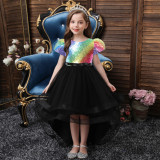 Girls' V-Neck Sequin Bow Princess Dress