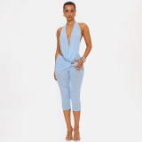 Women Halter Neck Lace-up Backless Top and Shorts Two-Piece Set