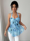 Women Halter Neck Sleeveless Lace-Up Printed Crop Top