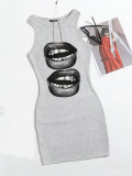 Women Sleeveless Lip Print Bodycon Dress