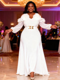 Plus Size Women White Off-Shoulder Floral Chiffon Elegant Dress