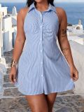 Plus Size Women Summer V-Neck Blue and White Striped Halter Neck Shirt Dress