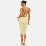 Women Halter Neck Lace-up Backless Top and Shorts Two-Piece Set