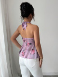 Women Halter Neck Sleeveless Lace-Up Printed Crop Top